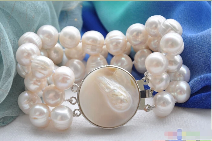 

hot sale FREE SHIPPING aa*P4059 3row 8" 13mm WHITE ROUND FRESHWATER PEARL BRACELET