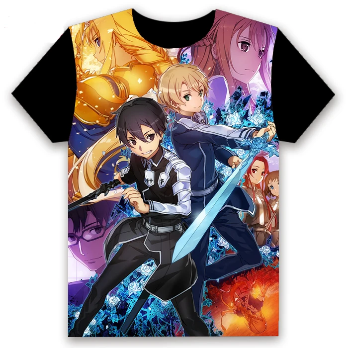 Fashion Men's T-shirt Anime Sword Art Online Alicization Alice Eugeo Kirito Cosplay Short Sleeve Unisex Black Tee Tops Summer