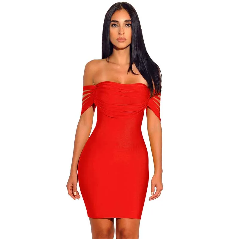 

wholesale New Dress red Rayon elastic knitting Strapless Fashion Mini celebrity Cocktail party bandage dress (L2317)