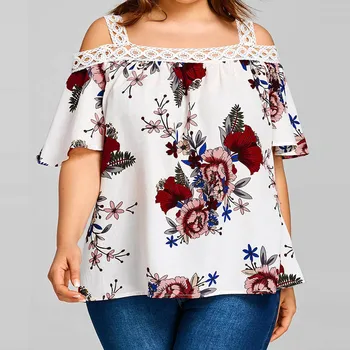 2019 Women Sexy Lace Cold Shoulder Floral Blouses Tops Summer Top Casual Loose Short Sleeve Blouse Female Shirts Blusa Plus Size