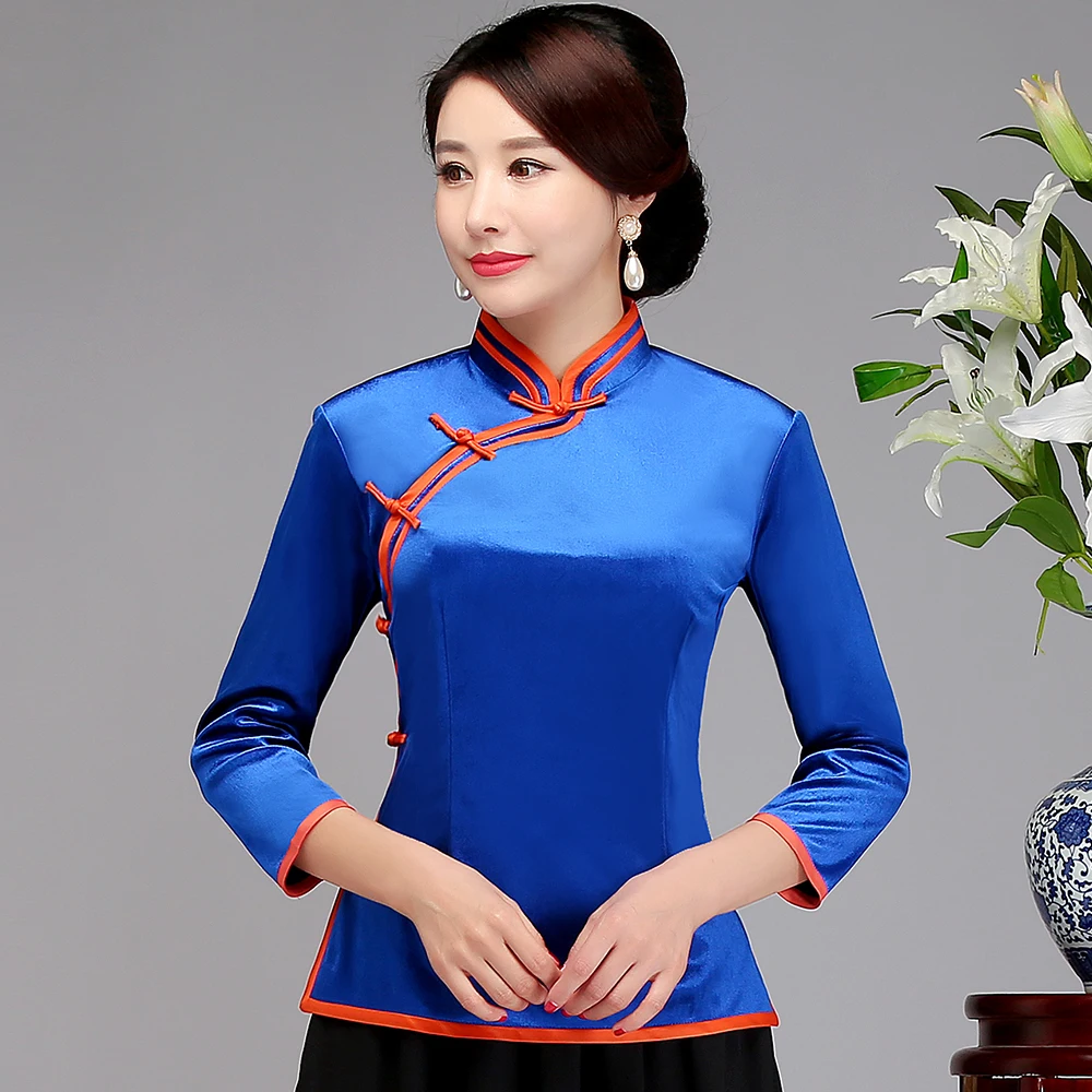 Ropa Oro Flower Casual Tang Vintage Mujer Mujeres Blusa Top azul Tradicional rojo negro Camisa Azul De Sólido Black Mejorado Terciopelo Clásico C6OTqt