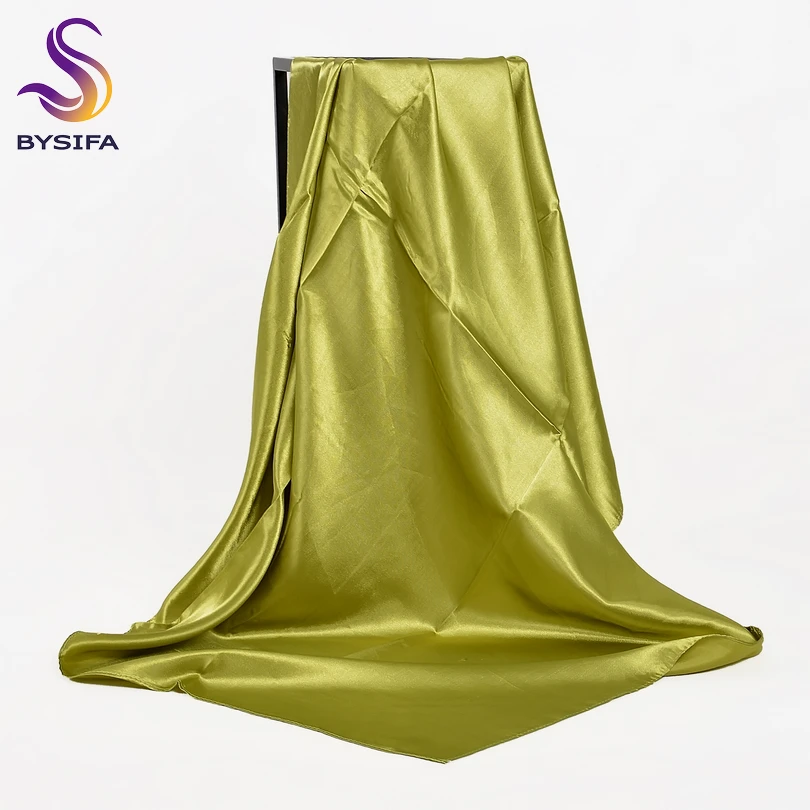 

[BYSIFA] Fluorescent Green Women Square Scarves Wraps Autumn Winter Luxury Large Satin Silk Scarf Muslim Head Scarf 110*110cm