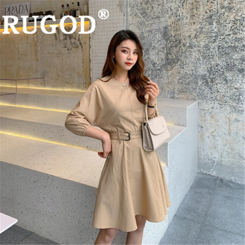 

RUGOD Women solid dress o neck with belt slim empire knee-length dress new spring fashion female elegant office ladies korean
