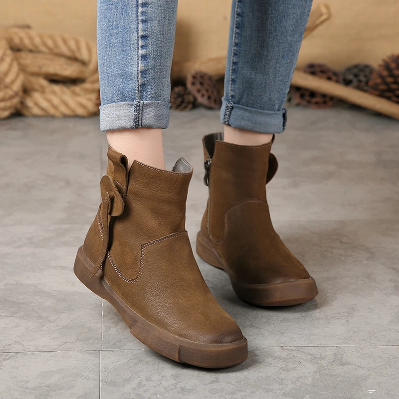 Natürliche Plüsch Handgemachte Schwarzes Kurze Winter Booties khaki Ankle Dame Schuhe Zip Stiefel Leder Flache Weibliche Frau Komfortable Kappe Runde PAt6SAqpxw