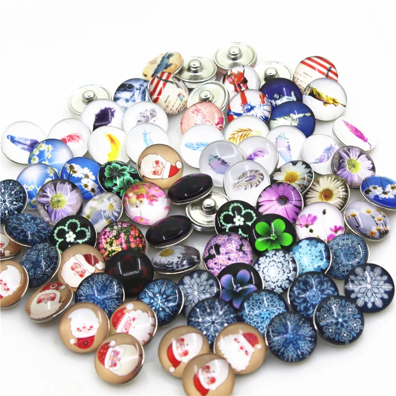 

2018 New Arrive 100pcs/lot Mix Different Designs Glass Snap Buttons Diy 18mm Snap Button Fit Bracelet Snaps Jewelry Charms