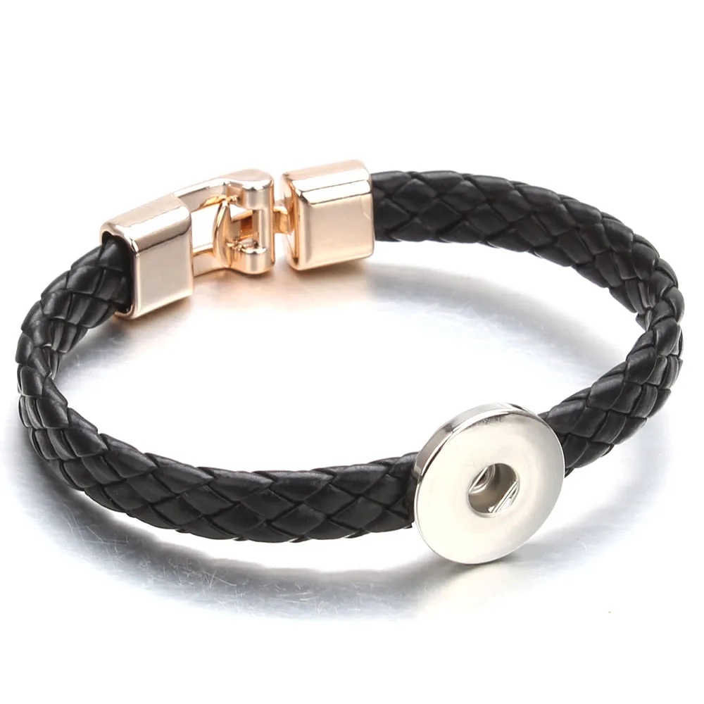 Горячая черно-белые плетеные браслеты из искусственной кожи для женщин 18 мм защелкивающийся браслет с кнопками подходит для DIY 18 мм защелкивающиеся ювелирные изделия