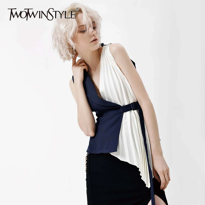 

TWOTWINSTYLE Patchwork Vest For Women V Neck Sleeveless Lace Up Ruched Irregular Waistcoats 2019 Summer Fashion OL New Clothing