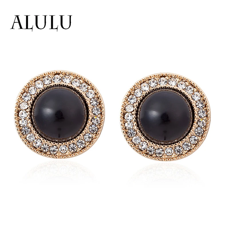 

2017 Brincos Women High Quality Rhinestone Golden Earring Black Pearl Flower Stud Earrings For Women Grande Pendientes