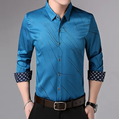 MIACAWOR, новинка, мужская рубашка, деловая Повседневная рубашка, Мужская Модная приталенная рубашка с принтом, рубашка с длинным рукавом, Camisa Masculina C448 - Цвет: Небесно-голубой