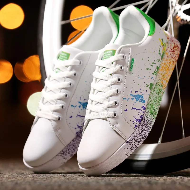 JINBEILEE Couple Skateboard Shoes New Large Size Inkjet Doodle Couple Small White Shoes Sports Casual Flat Shoes JINBEILEE Couple Skateboard Shoes New Large Size Inkjet Doodle Couple Small White Shoes Sports Casual Flat Shoes