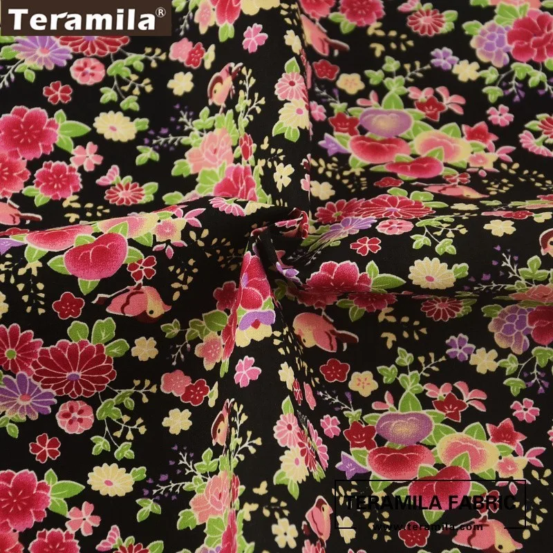 Teramila Cotton Poplin Fabric Black Printed Floral Design Fat Quarter Meter Tissue Quilting Sewing Dress Crafts Home Decoration|tissu quilting|cotton