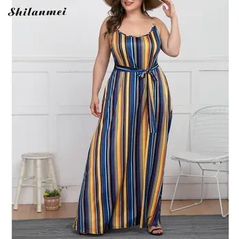 

Plus Size Print Striped Beach Dress Women 2019 Summer Casual Blue Dress Fashion Sexy High Waist Maxi Dress Sleeveless With Belt