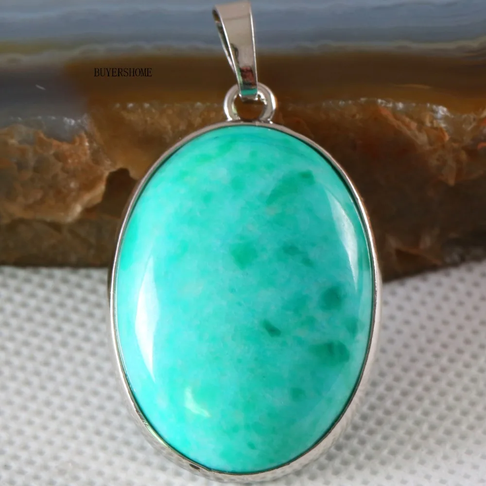 

Free Shipping Silver Color Oval Natural Stone Bead Green Amazonite Women Necklace Pendant 1Pcs K683