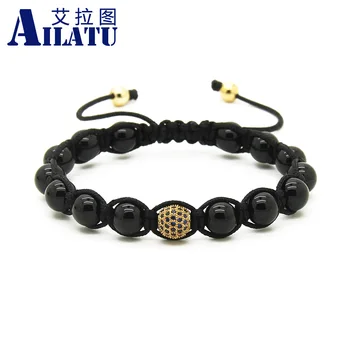

Ailatu Wholesale 10pcs/lot Nautral Black Onyx Stone Beads with 9mm Blue Micro Paved Cz Braiding Macrame Mens Bracelet