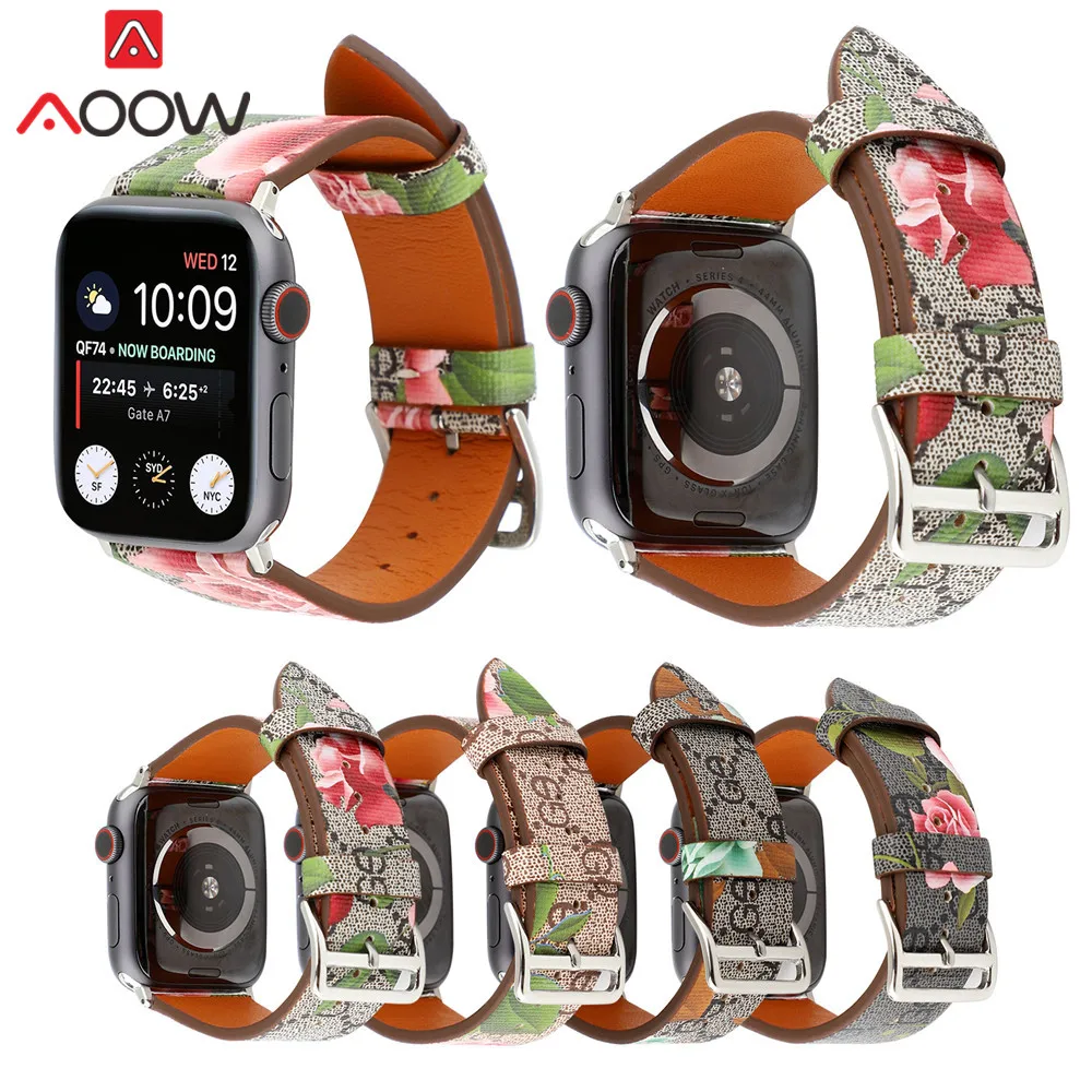 

Genuine Leather Watchband for Apple Watch 38mm 42mm 40mm 44mm Flower Printed Replacement Bracelet Strap Band for iwatch 1 2 3 4