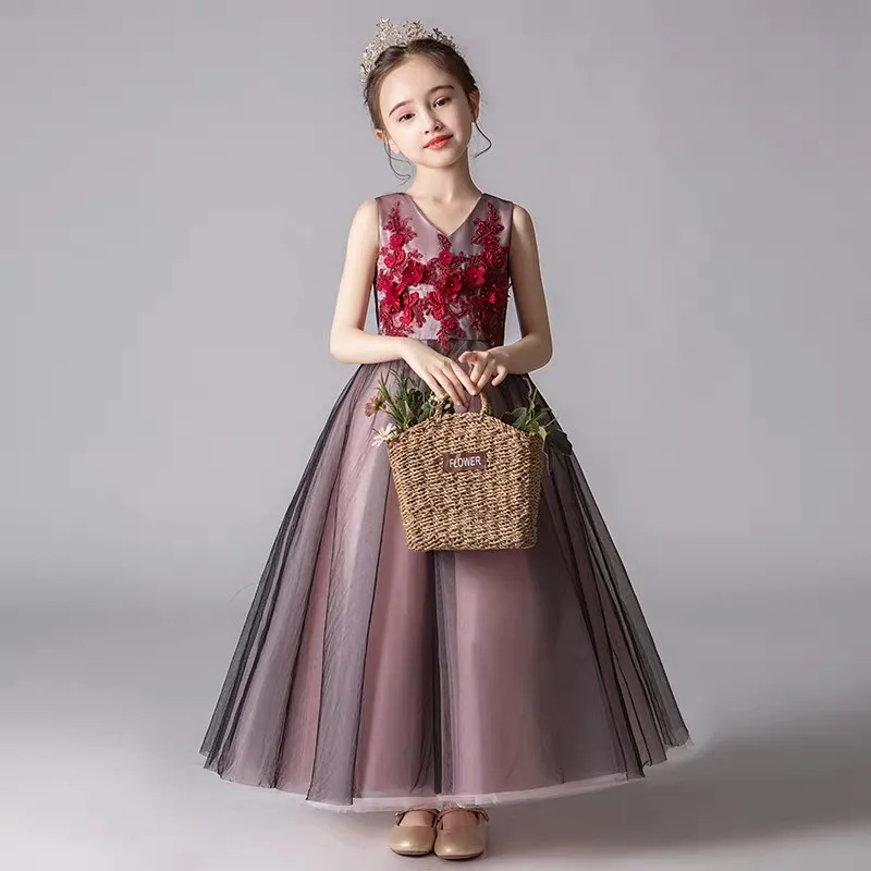 

2019Summer V-Collar Girls Model Show Performance Princess Long Dress Children Kids Luxury Evening Party Ceremony Holy Prom Dress