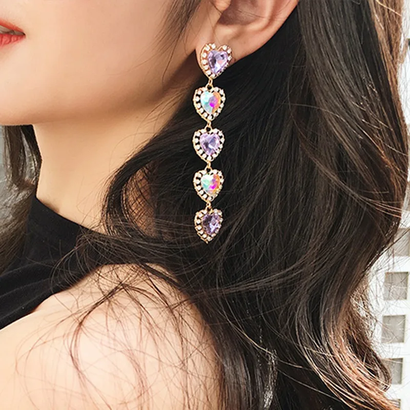 

2019 Korean Trendy Five Love Heart Rhinestone Long Pendant For Women Fashion Colorful Crystal Dangle Earrings Gift