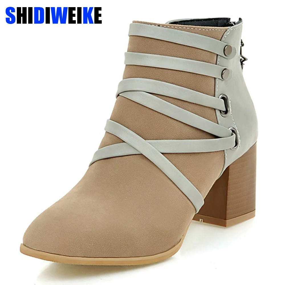 

Fashion Women Boots Spring Autumn High Heels Shoes for Female Cross-tied Buckle Daily Shoes PU Leather Ankle Boots n339