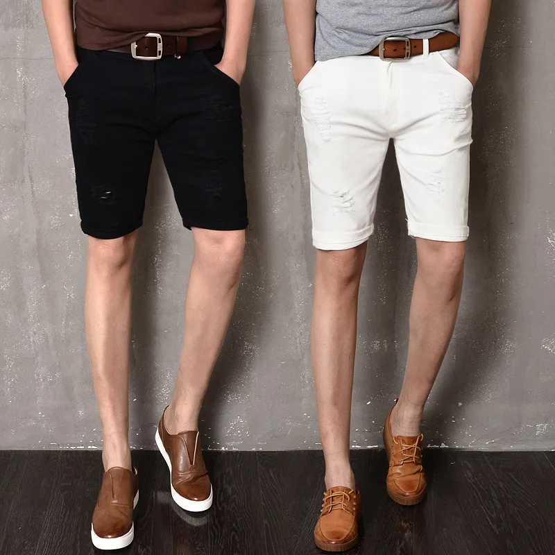 LEDINGSEN Men's White Ripped Skinny Denim Shorts Bermuda Black Distressed Hole Jean Shorts Cotton Casual Fashion Summer Shorts