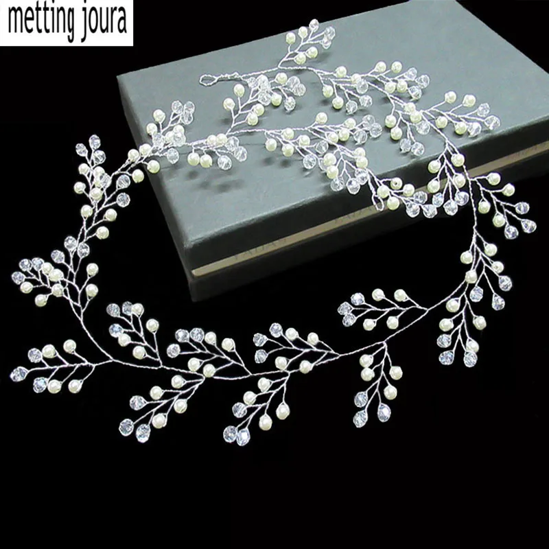 

Metting Joura Bridal White Pearl Flower Braided long Headband Bride Hairband Knitted Handmade Hair Accessories