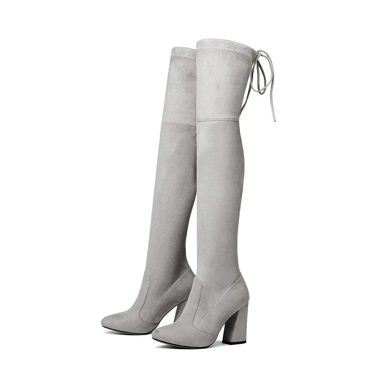 ZawsThia/Новинка года; Роскошные Брендовые женские сапоги из искусственной замши на высоком блочном каблуке; женские Сапоги выше колена; botas; женские ботфорты - Цвет: light grey