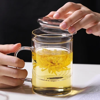 

400ml Glass Mug with handle with lid Flower Tea Mug For Water Tumbler Drink Cups glasses Coffee Tea Mug
