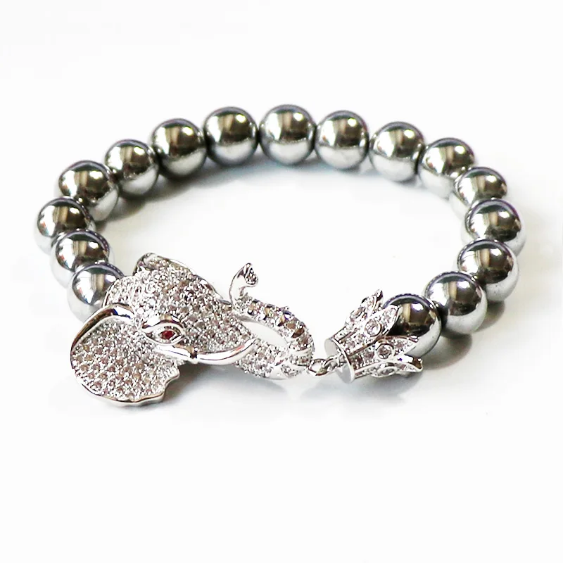 

Trendy Couple Bracelet Micro-pave Zircon Silver Copper Elephant Hematite Stone for Magnet Hematite Animal Bracelet