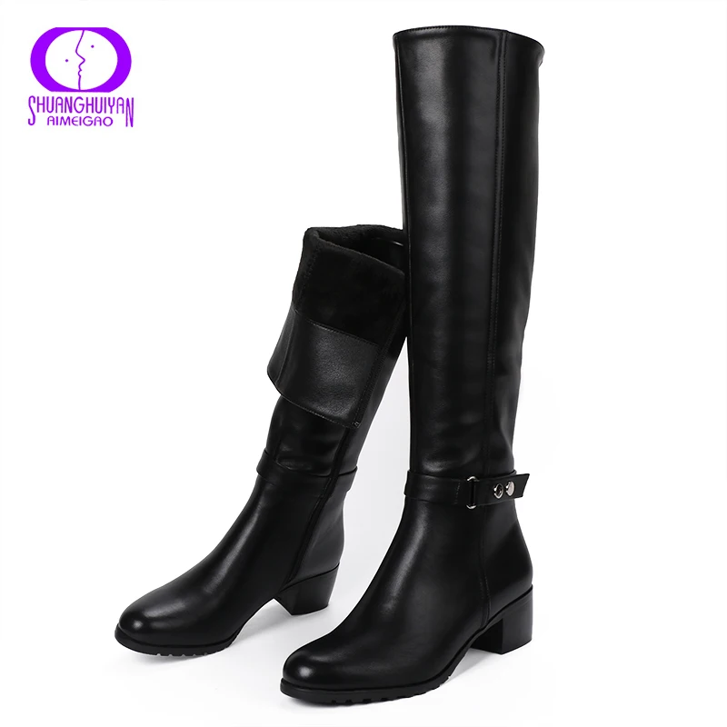 AIMEIGAO knee High Winter Fur Boots Over The Knee Women Boots Soft Leather Zipper Women Boots Thigh High Winter Warm Shoes Women's Shoes