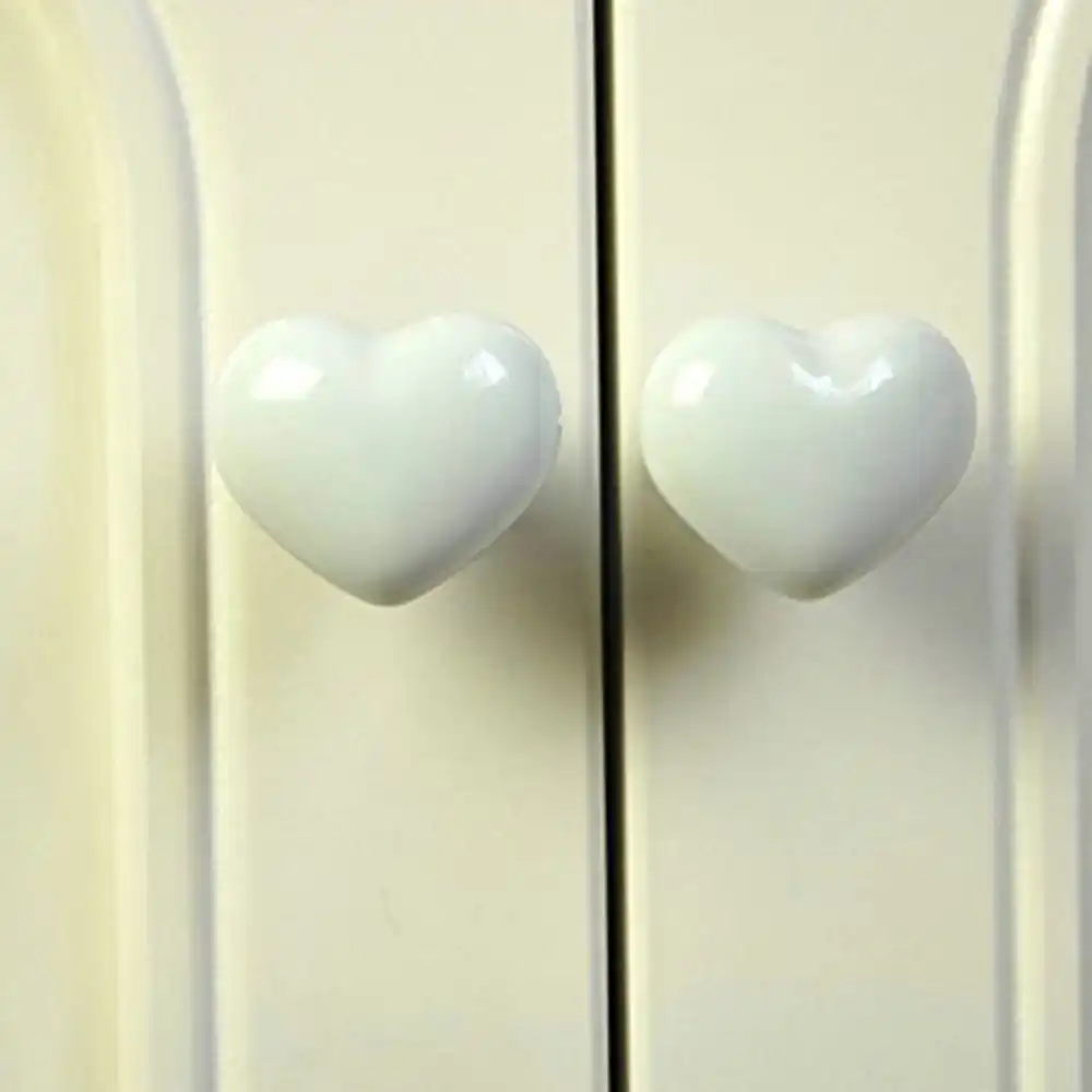 2pcs White Porcelain Heart Dresser Drawer Knobs Pulls Kitchen