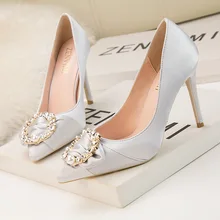 Ou Mo brand  Women sandals Pumps Women Shoes Party Wedding Super Square High Heel 10cm Rhinestone Sexy Satin Female sandals