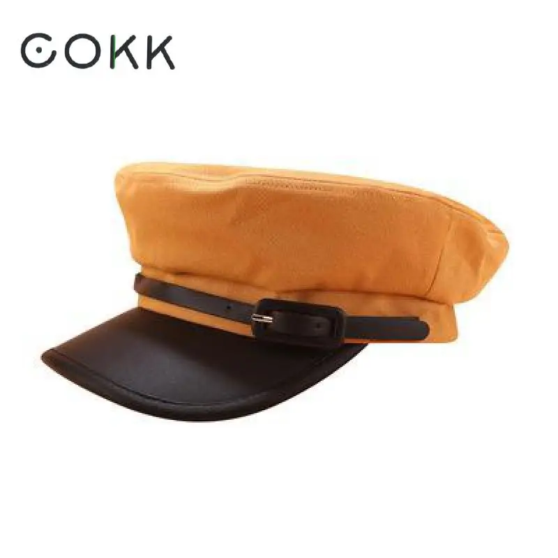 COKK Military Hat Women Leather Belt Brim Cotton Army Hat Black Hats For Women Men Flat Top Hat Female Wholesale Gorras New