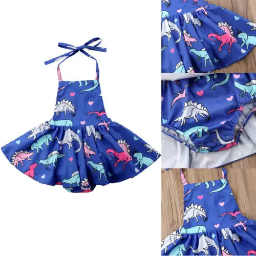 

Newborn Infant Toddler Kids Girls Halter Style Mini Dress New Fashion Summer Cartoon Dinosaur Dress For Girls