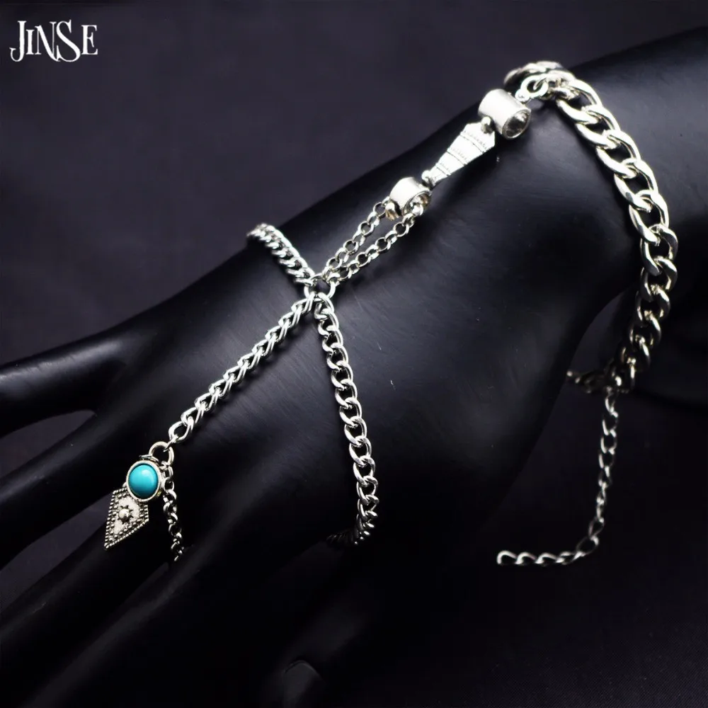 

HC041 Fashion Metal Rhombus Turquoise Beads Finger Hand Chain Harness Slave Women Bracelet Bangle Silver Jewelry