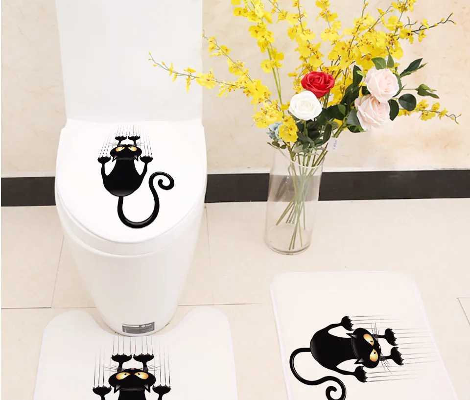 Miracille 3 шт./компл. милый рисунком черного кота, Ванная комната чехол сиденья для унитаза из кораллового флиса дверной коврик Кухня нескользящий ковер домашний декор