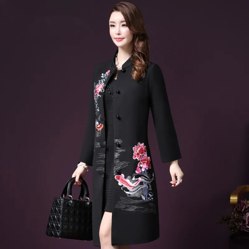 Vintage Embroidered Flowers Wool Coat Women 2018 Autumn winter New Elegant Single Breasted Plus Size 5XL lady Wool Coat LF765