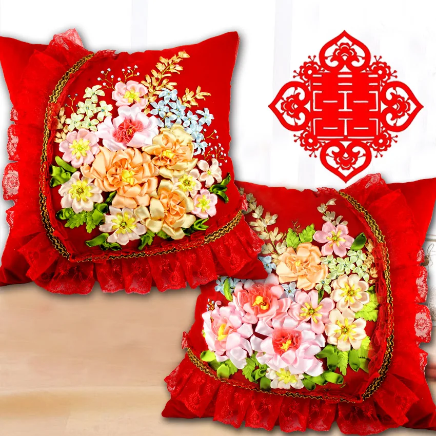 3D незавершенные ленты наборы вышивки ручной работы Наборы для вышивания, свадебная красная подушка с цветами крышка 45*45 см