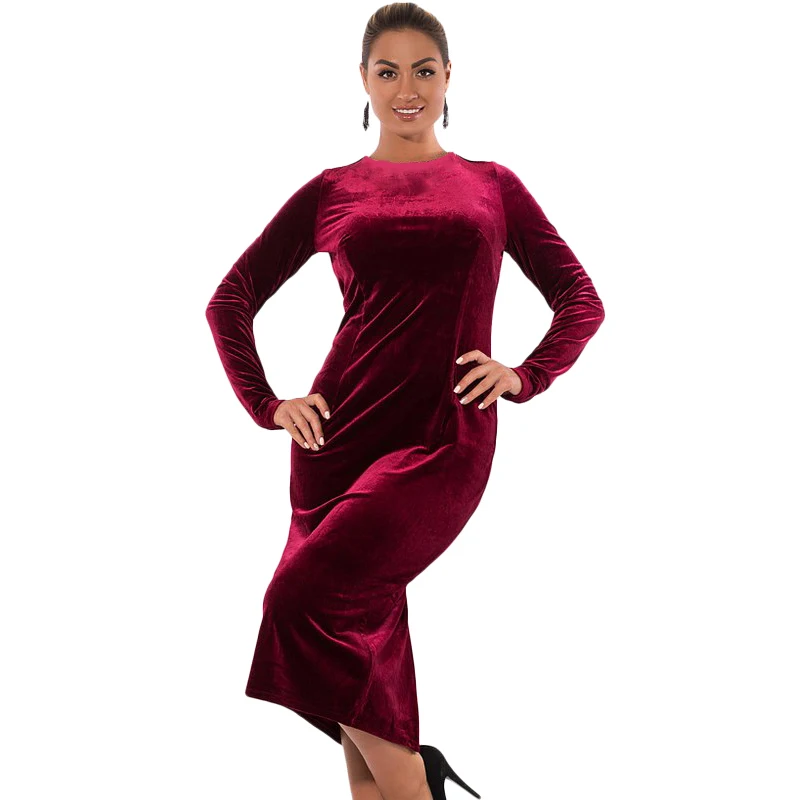 

2018 New Fashion Large Size Women Velvet Dresses Big Size Long Sleeve Red Bodycon Dress Straight Dress Plus Size Elegant Women