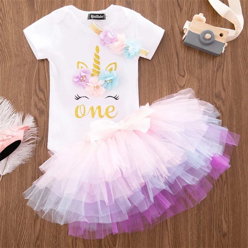 Платья с единорогом для маленьких девочек, 3 предмета, 1 год, платье на день рождения платье на крестины для маленьких девочек, одежда для маленьких девочек - Цвет: PurpleA