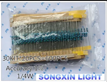 

30 Kind 1/4W Resistance 1% Metal Film Resistor Assorted Kit Each 20 Total 600pcs