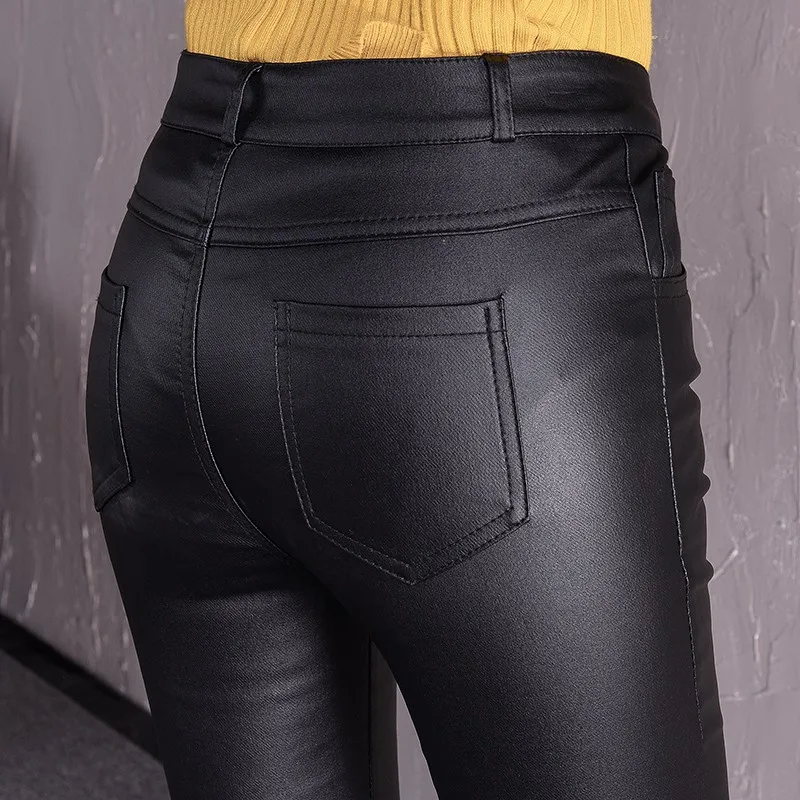 Vangull Autumn Women's Leather Pants Female Winter High Waisted Pants Leather Trousers Women PU Skinny Stretch Pencil Pantalons