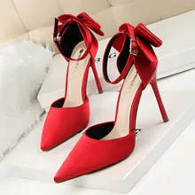Женские туфли-лодочки, летние модные туфли на высоком каблуке с острым носком, красные свадебные туфли, пикантные туфли на шпильке с бантом, вечерние, большие размеры
