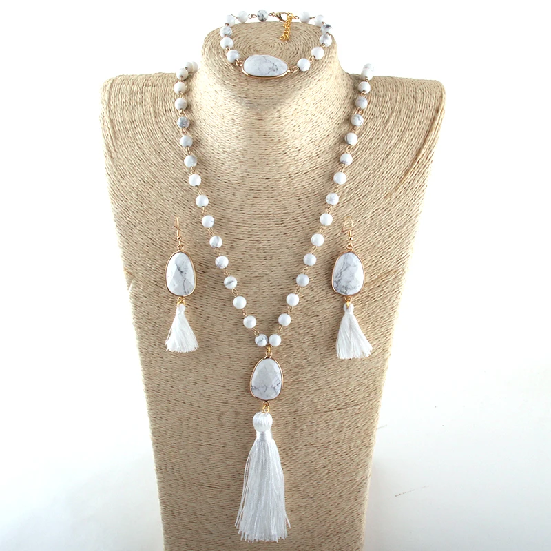 

MOODPC Fashion Jewelry Set Natural Stone Rosary Chain Stone Link Tassel Necklace Bracelet Earring set