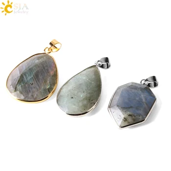 

CSJA Spectrolite Labradorite Water Drop Triangle Necklaces Pendants Natural Moon Stone Gold-Color Chain Multicolor Jewelry E388