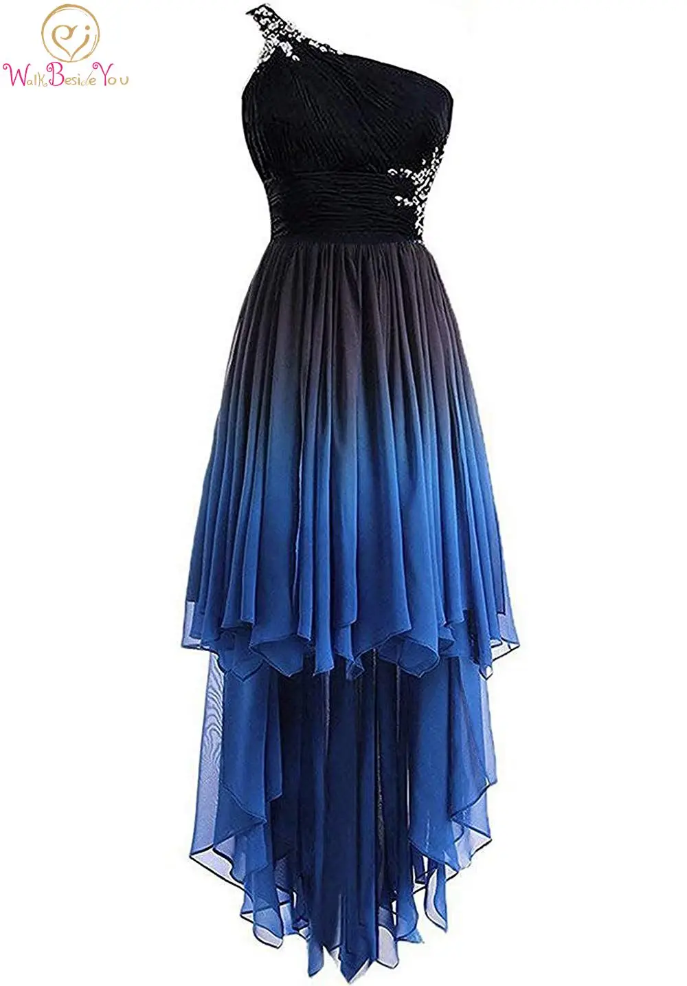 

Blue and Black Cocktail Dresses 2019 One Shoulder Crystals Sleeveless Contrast Color High Front Low Back Sexy Party Dresses