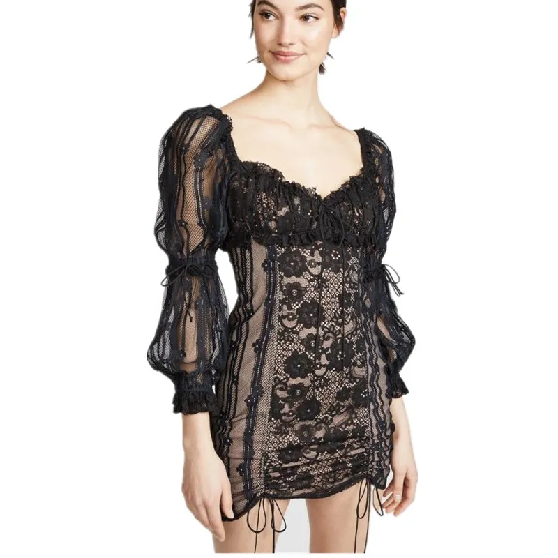 

Little Black Dress 2019 Sexy Night Club Party Dress WOmen Long Sleeve Sheer Lace Bodycon Mini Dress Brand Designer Tight vestido