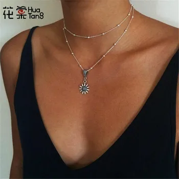

HuaTang Geometric Sunflower Pendant Necklace Layered Silver Color Chain Necklaces Silver Minimalist Collar Necklace Jewelry 2824
