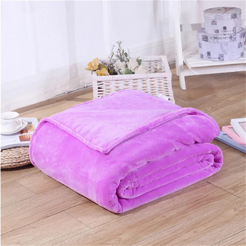 Super Soft Coral Fleece Blanket 220gsm Light Weight Solid Pink Blue Faux Fur Mink Throw Sofa Cover Bedspread Flannel Blankets - Цвет: Lt Purple