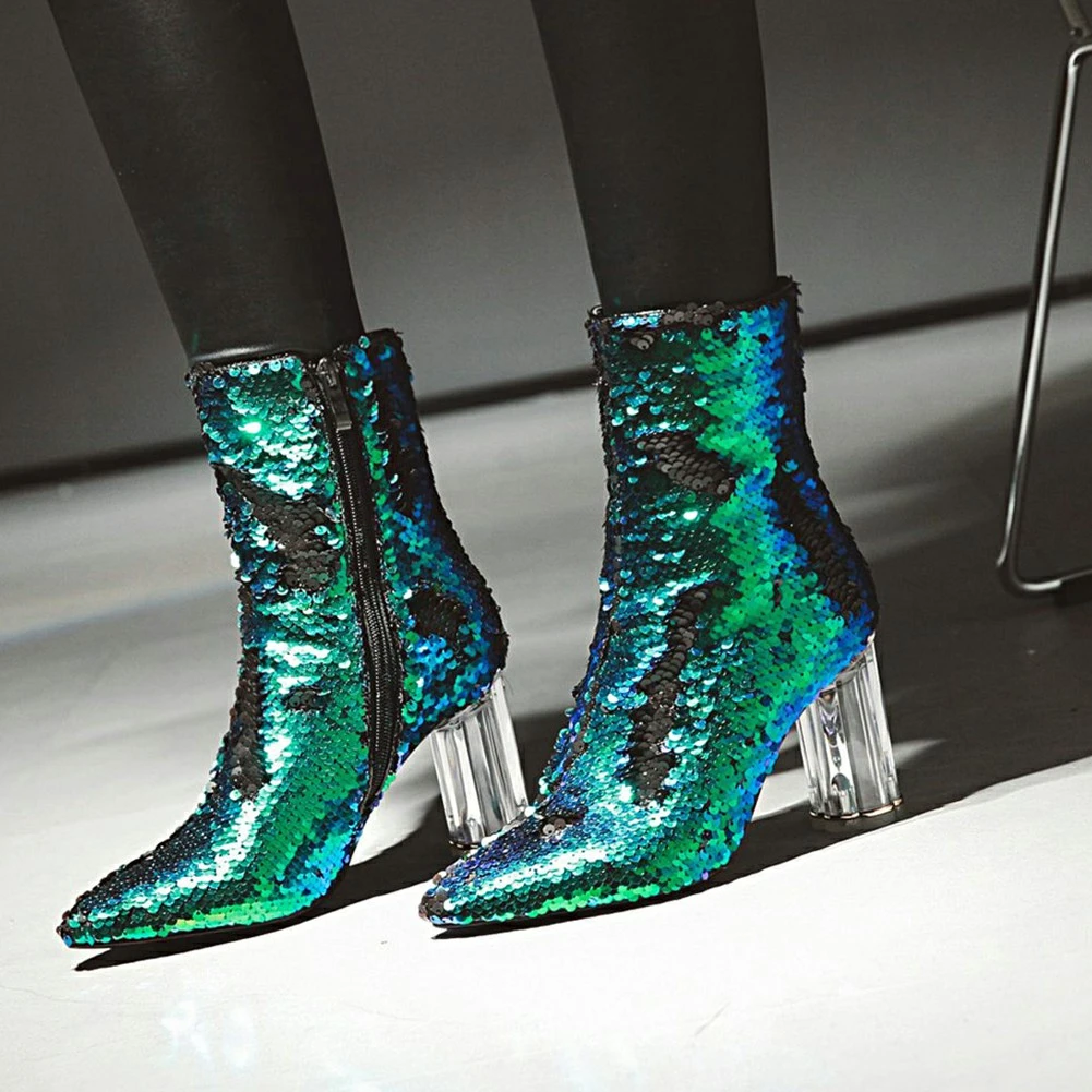 

Dilalula Fashion Sequined Cover Ankle Boots Female Autumn Winter Shoes Pointed Toe High Heels Boots Women Shoes