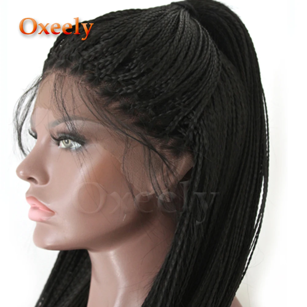 Long Braided Hair Synthetic Lace Front Wigs Black Color Micro