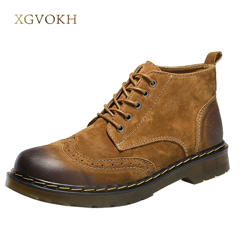 

XGVOKH Men Ankle Boots Fashion Spring/Autumn Footwear Genuine Leather Mens Shoes Lace Up Casual New Short Boot Brown Gray Green